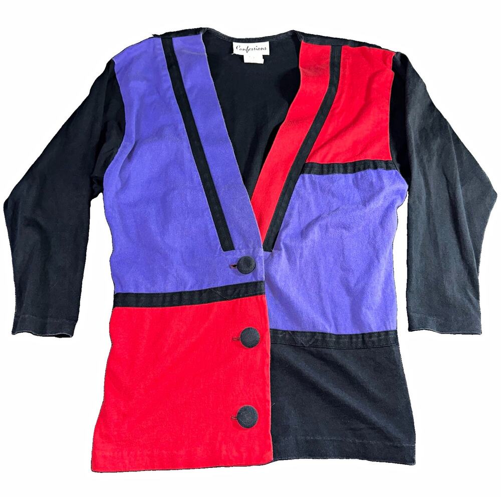 Vintage 80s Confessions Colorblock Shirt Womens Small Purple Red Black USA Made